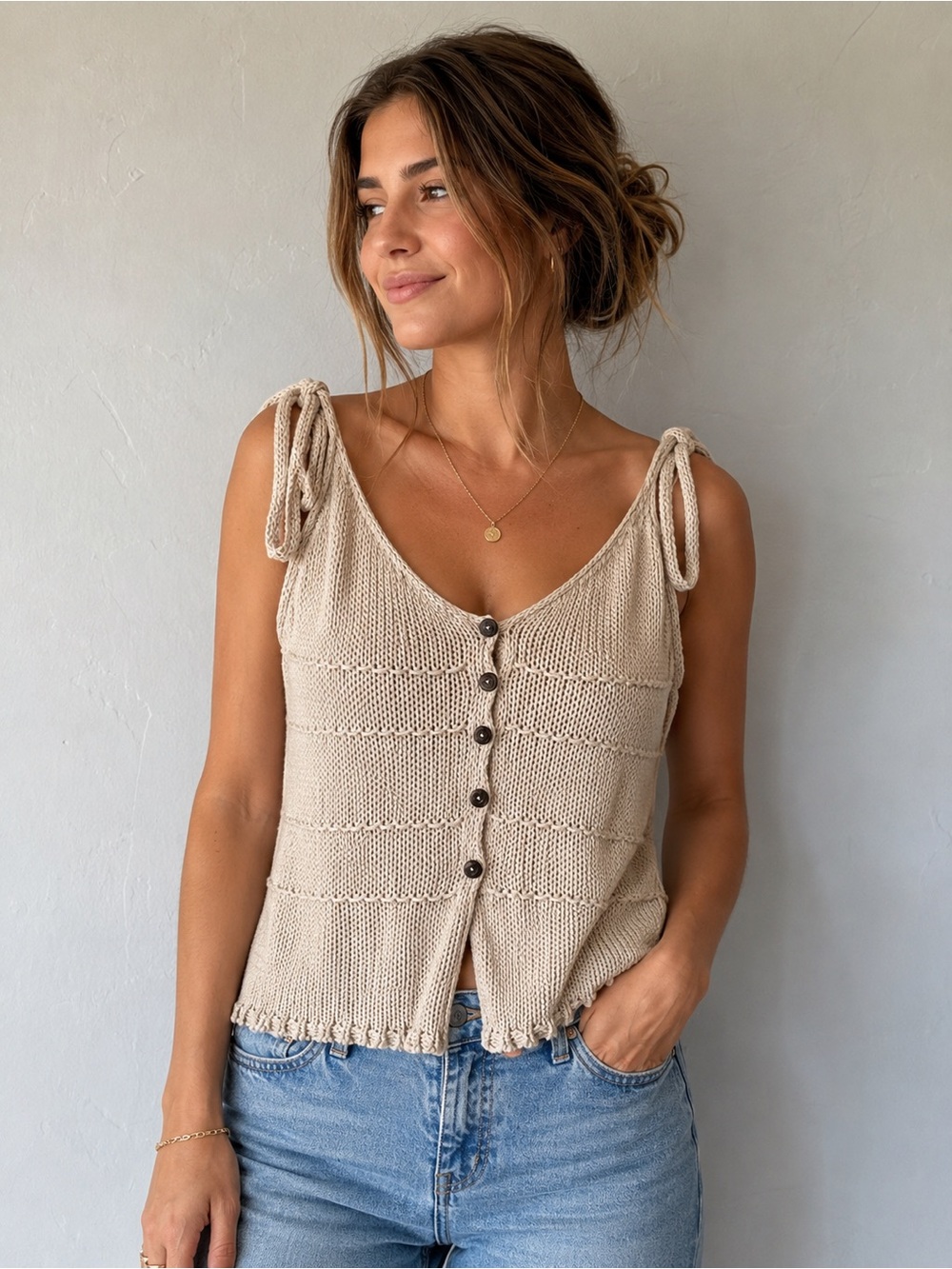 Wishlist Knit Tie-Shoulder Button Front Tank Top Large